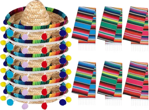 Hillban 12 piezas de serape mexicano camino de mesa, mini sombrero de paja, decoraciones temáticas mexicanas, manta de mesa de serape, camino de