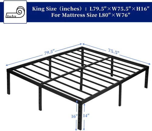 Miniatura 2 de Base de cama tamaño King, plataforma de metal de 16 pulgadas con soporte de listones de acero, soporta hasta 3500 libras, sin ruido, fácil montaje