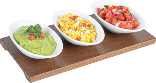 Restaurantware -Juego de cuencos de 9 onzas con bandeja - 1 juego de servir lavable en platos, incluye 3 cuencos de porcelana y 1 bandeja de bambú,