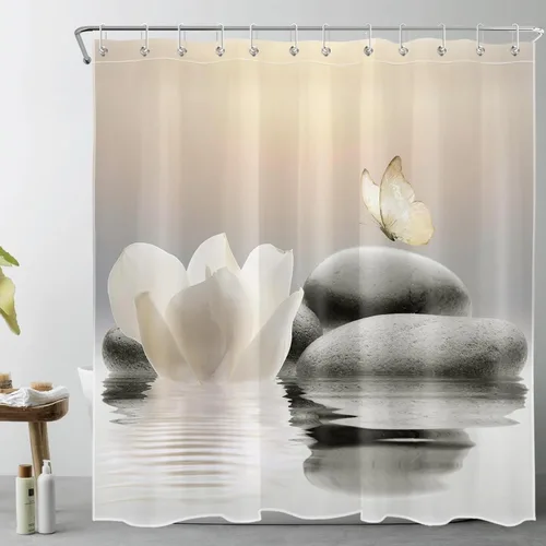 Miniatura 24 de EOBTAIN Cortina de ducha floral zen, lirio de agua blanca, mariposa y piedra zen gris, cortinas de ducha para baño, plantas, naturaleza, espiritual