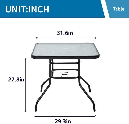 Miniatura 3 de Mesa de patio al aire libre con agujero para paraguas, mesa cuadrada de vidrio templado de 32 pulgadas, mesa de centro de conversación, marco