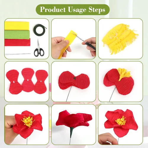 Miniatura 5 de Rollos de papel crepé de 14 colores, hojas de papel crepé de 9.8 x 98 pulgadas de ancho con 100 piezas de alambre de hierro floral verde, banda