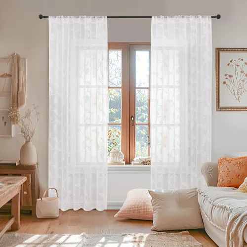Miniatura 2 de YoungsTex Cortinas Transparentes con Diseño de Hojas de 63 Pulgadas de Largo para Ventana de Sala de Estar, Cortinas de Encaje Blanco Ligeras