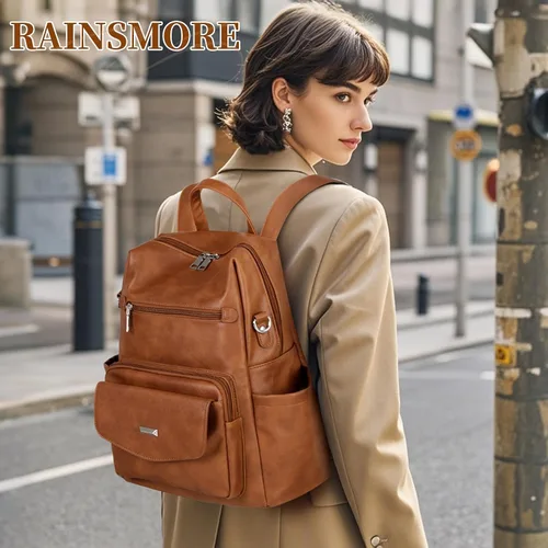 Miniatura 6 de RAINSMORE Mochila convertible para mujer, de piel sintética, impermeable, a la moda, de 13.3 pulgadas, antirrobo, bolsa de hombro cruzada