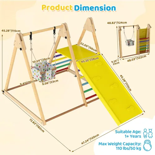 Miniatura 7 de OLAKIDS Gimnasio de la selva para interiores, 3 en 1 de madera plegable Montessori Juguetes de escalada para niños pequeños con escalera ajustable
