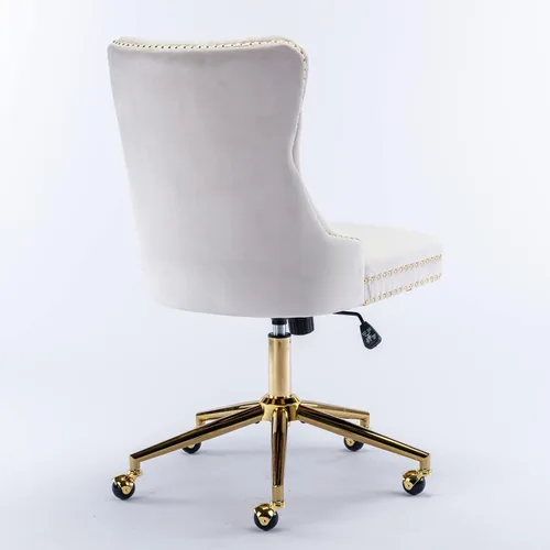 Miniatura 8 de Silla de escritorio de terciopelo, silla de tocador de altura ajustable con ruedas, cómoda silla de escritorio con respaldo de ala, ribete