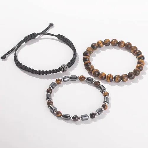 Miniatura 5 de Juego de pulseras de cuentas para hombre de 0.315 in y 0.157 in de piedras preciosas curativas trenzadas con dije de circonita cúbica, pulsera