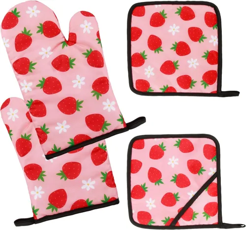 Juego de 4 manoplas de horno de color rosa fresa de PSC, accesorios de cocina de fresa, resistentes al calor para cocinar, hornear, asar a la