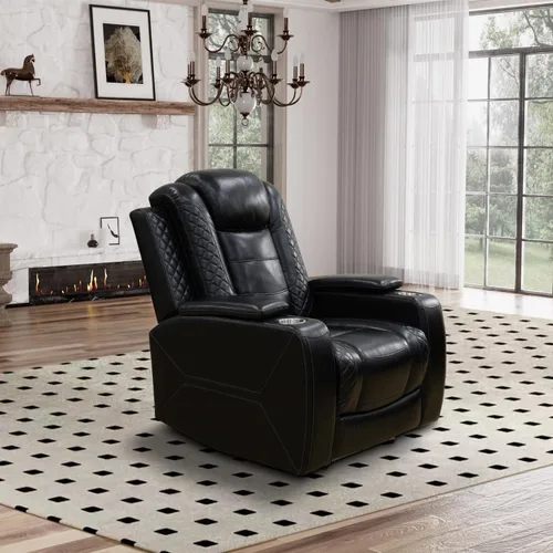 Miniatura 16 de Sofá reclinable eléctrico, sillón reclinable de cuero con LED/almacenamiento, sillón reclinable de cine en casa de 3 plazas, sofá de cuero negro
