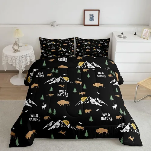 Miniatura 42 de Erosebridal Juego de ropa de cama de oso marrón, juego de edredón de animales de safari en el bosque, acuarela con relleno de edredón de vida