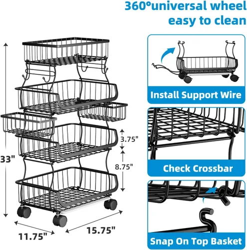 Miniatura 6 de Simple Trending - Carrito rodante de 4 niveles apilable, canasta de frutas y verduras con ruedas y 2 canastas colgantes, soporte de alambre de metal