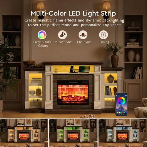 Miniatura 5 de Soporte de TV con chimenea de 72 pulgadas con toma de corriente y LED, chimenea eléctrica con repisa, centro de entretenimiento con almacenamiento