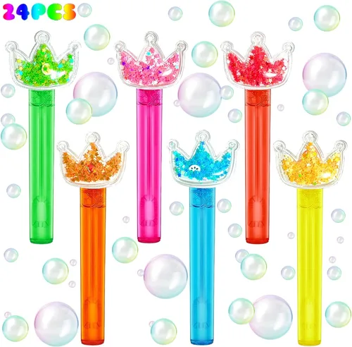 uoyoi Recuerdos de fiesta de princesa, 24 piezas de varitas de burbujas con corona de brillo para niños, varita de burbujas con corona brillante