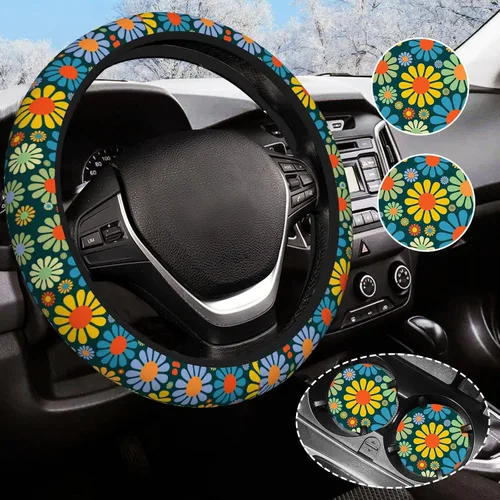 Miniatura 12 de Funda para volante de camuflaje verde para mujeres y hombres con 2 posavasos de automóvil, fundas universales de 14.5 a 15 pulgadas, accesorios