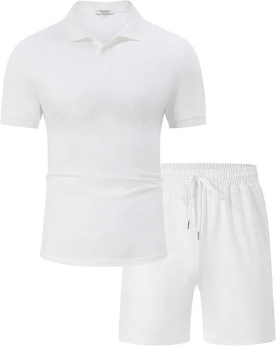 Miniatura 2 de TURETRENDY Conjunto de camisa polo y pantalones cortos para hombre, traje de polo de manga corta casual de 2 piezas, trajes de verano con botones