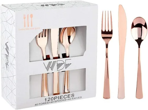 Miniatura 13 de WDF 160 piezas de cubiertos de plástico dorado - Cubiertos de oro resistentes Incluye 80 tenedores, 40 cucharas, 40 cuchillos, utensilios