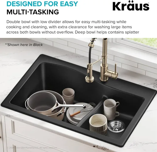 Miniatura 7 de Kraus Quarza Fregadero de cocina Cuencos de 33 pulgadas 60/40 Granito gris Modelo KGD-442