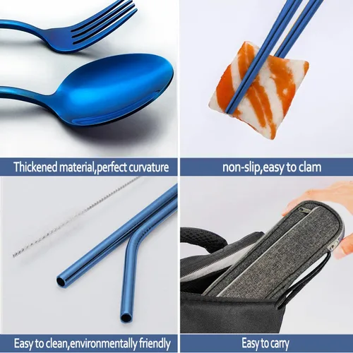 Miniatura 6 de Utensilios de viaje reutilizables portátiles con estuche, juego de cubiertos de camping, palillos y pajita, cubiertos con estuche, parte superior