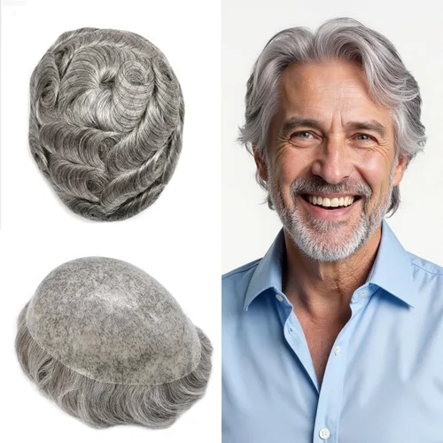 Miniatura 32 de Toupee para hombres Cabello humano real suave Poly Skin Mens Toupee Hair Units System Natural Looking Grey Brown Blonde Mens Hairpiece Protesis