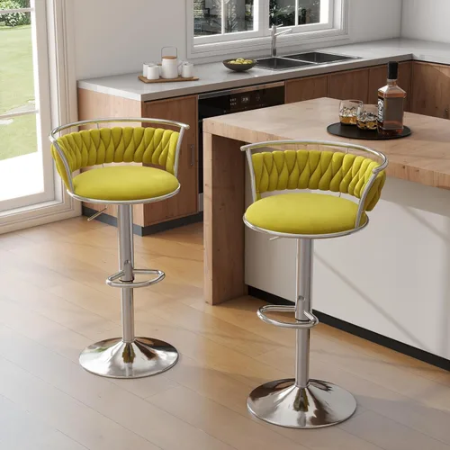 Miniatura 41 de Juego de 2 taburetes de bar giratorios de 360°, silla de bar de terciopelo ajustable a altura de mostrador moderna, taburete de metal plateado
