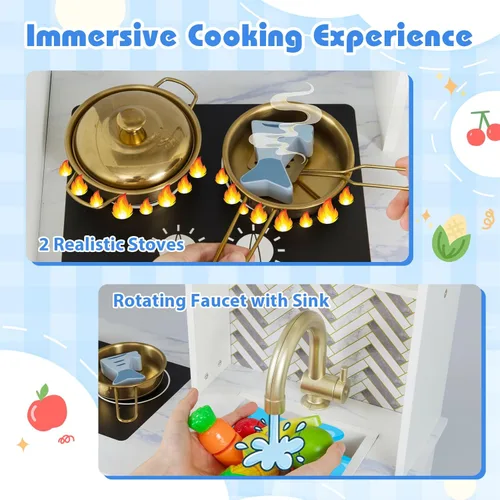 Miniatura 2 de Costzon Juego de cocina para niños, juego de cocina para niños pequeños con estufas, grifo, fregadero, máquina de café, campana extractora, horno