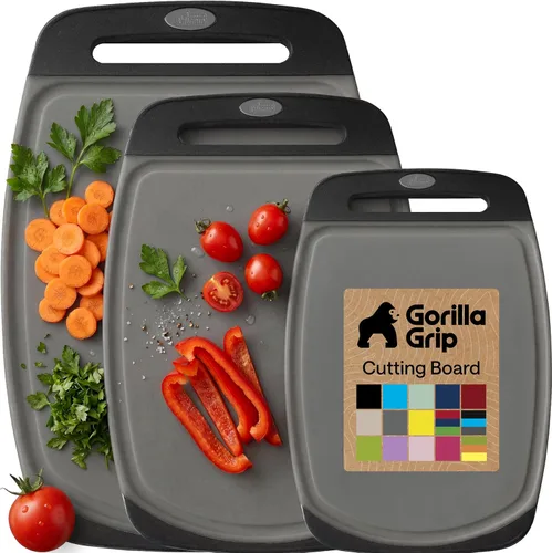 Miniatura 16 de GORILLA GRIP Juego de 3 tablas de cortar de cocina reversibles sin BPA, diseñadas en Estados Unidos, no porosas, ranuras para jugos, borde