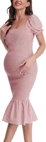 Miniatura 4 de Vestido de maternidad de verano a media pierna, manga corta abombada, cuello cuadrado, dobladillo con volantes, vestido de sirena para baby shower