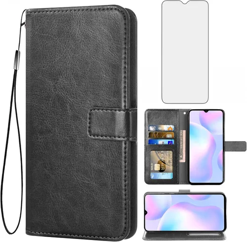 Asuwish Compatible con Xiaomi Redmi 9A Redme 9i - Funda tipo cartera de vidrio templado, protector de pantalla y soporte de cuero para tarjetero,