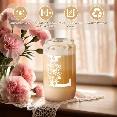 Miniatura 2 de Taza de Vidrio Inicial Coolife, Regalos Personalizados para Mujeres, Tazas de Vidrio de 16 oz con Tapas y Popotes, Vaso para Café Helado, Licuado