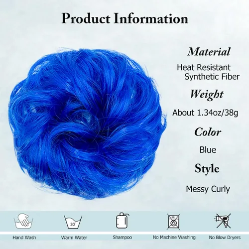 Miniatura 2 de Pieza de cabello de moño desordenado, piezas de cabello azul para mujeres y niñas, extensiones de cabello sintético ondulado y rizado, coletero