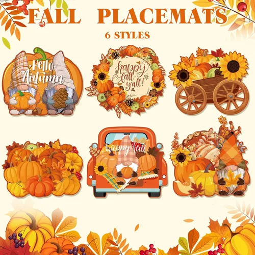 Miniatura 3 de Kajaia Juego de 6 manteles individuales de plástico de otoño, 12 x 14 pulgadas, gnomos, girasol, decoración de cocina, manteles individuales