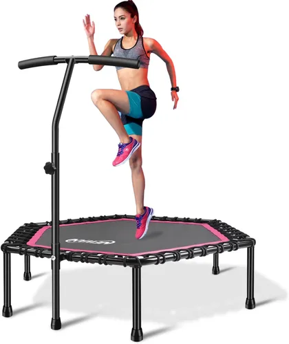 Newan Trampolín de fitness de 48 pulgadas con barra de mango ajustable, trampolín silencioso, bungee rebote, entrenamiento cardiovascular, Rosa