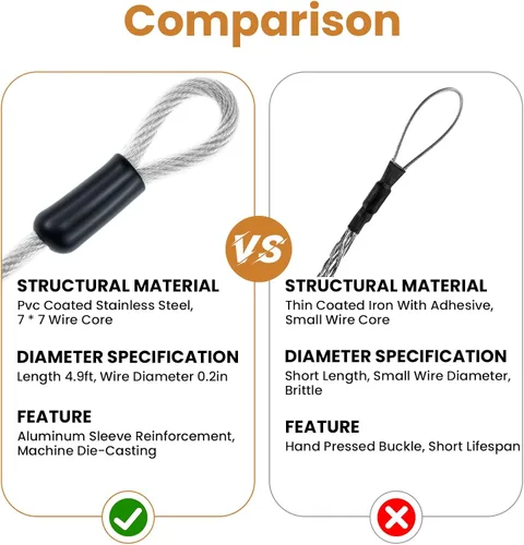 Miniatura 5 de 10FT 5mm Stainless Steel Security Cable with Hooks, Steel Coated Braided Double Loop Flexible Wire Rope for Bicycles, Luggage, Gates & Outdoor