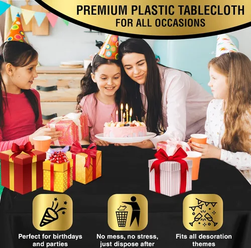 Miniatura 3 de Mantel de plástico negro desechable para fiestas, paquete de 12 unidades, manteles gruesos de plástico negro, buenos para bodas, cumpleaños, picnic