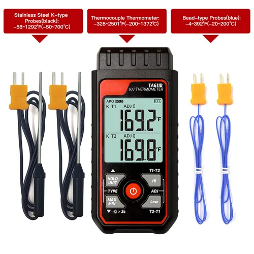 Miniatura 8 de Termómetro de termopar digital de doble canal tipo K/J -328 ~ 2501℉ Medidor de temperatura HVAC con 4 sondas de termopar tipo k, alarma