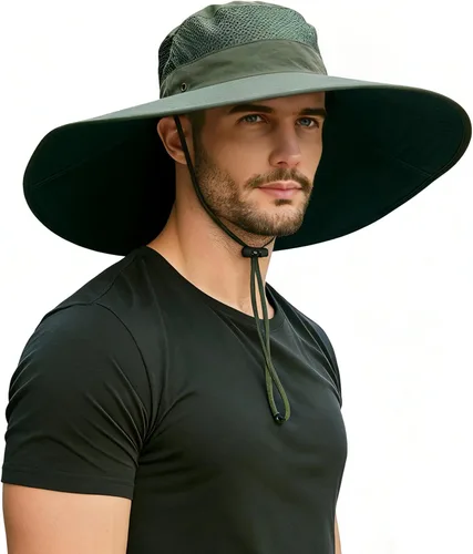 Miniatura 9 de Sombrero de ala súper ancha, protección UPF 50+, sombrero de pescador impermeable para pesca, senderismo, campamento, nailon transpirable y malla