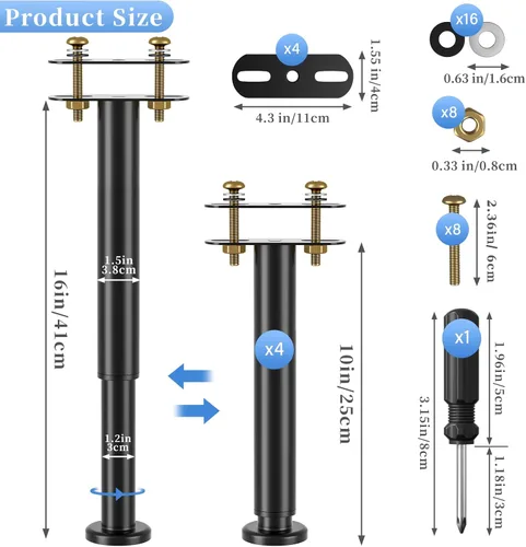 Miniatura 4 de Juego de 4 patas de repuesto ajustables para cama, patas de soporte de marco de cama de metal ajustables de 5.9 a 9.84 pulgadas, patas de soporte