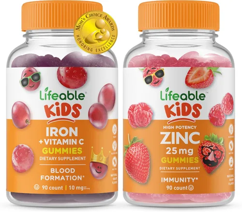 Lifeable Iron & Vitamin C Kids + Zinc 50 mg, paquete de gomitas - Gran sabor, suplemento vitamínico, sin gluten, sin OMG, gomita masticable