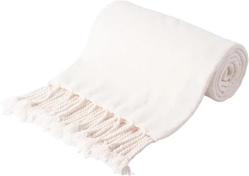 BATTILO HOME Manta Decorativa Color Hueso para Sofá, Cama, Sofá - Suave y Acogedora Manta de Chenilla Color Crema con Borlas de Flecos, Manta Ligera