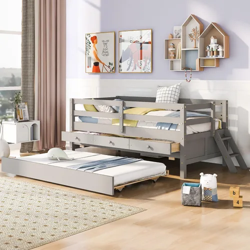 Miniatura 19 de Quarte Sofá cama multifuncional de tamaño individual con nido y estantes plegables en ambos lados, sofá cama con marco de madera y listones