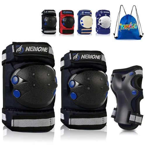 Miniatura 10 de NEMONE Rodilleras para niños, niñas, coderas, muñequeras con bolsa de cordón, juego de equipo de protección reflectante ajustable para patinaje