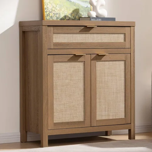 SICOTAS - Armario de almacenamiento tipo aparador, de ratán, decorativo, con puertas y cajón, bohemio, de granja, para mesa de bufé, consola, barra