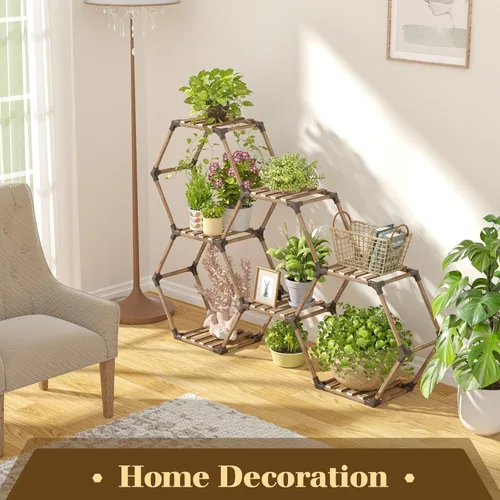 Miniatura 2 de Tikea Soporte para plantas para interiores y exteriores, soporte hexagonal para múltiples plantas, estante grande de madera para plantas, 7 niveles