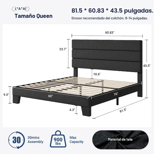 Miniatura 2 de Allewie Base de cama de plataforma tamaño Queen con cabecera tapizada de tela y soporte de listones de madera, base de colchón totalmente tapizada