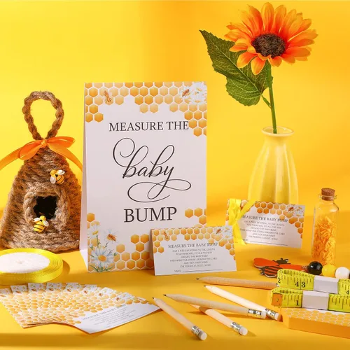 Miniatura 5 de Fumete Juego de 65 piezas para baby shower, incluye tema de panal, mide el letrero de la protuberancia del bebé, 50 tarjetas de adivinanzas, 10