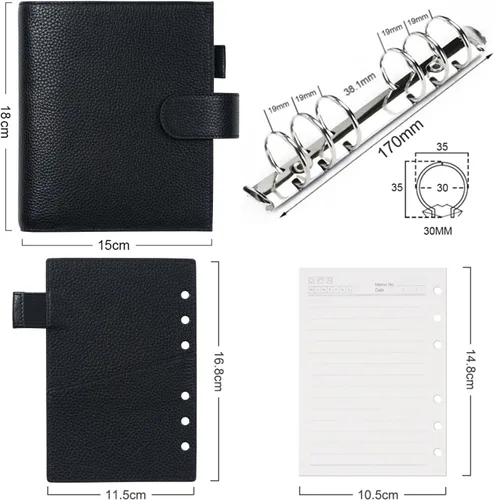Miniatura 6 de Moterm A6 Anillos de Lujo Planificador - Carpeta Organizadora de Cuero Genuino (Anillo de 30mm, Negro Acolchado) - NO es un A6 Estándar