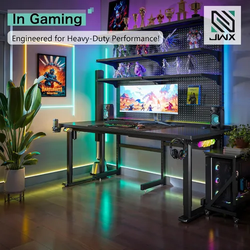 Miniatura 4 de JWX - Escritorio de pie de 4 patas con motor doble, diseño de gestión de cables abatible con luz LED acrílica