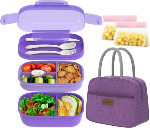 Miniatura 10 de JBGOYON® Juego de lonchera Bento, 3 recipientes apilables para adultos y niños, incluye bolsa de almuerzo, a prueba de fugas y sin BPA, juego