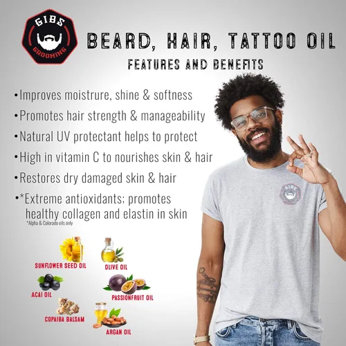 Miniatura 2 de GIBS Grooming - Beard, Hair & Tattoo Oil (1 fl oz) Collectible Glass Bottle - Softens & Strengthens - Skin Moisturizer - Vitamin C - UV Shield