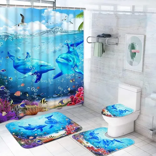 Yddsky Juego de 4 cortinas de ducha con diseño de delfín oceánico azul con alfombras, cubierta de tapa de inodoro y tapete de baño, cortinas de
